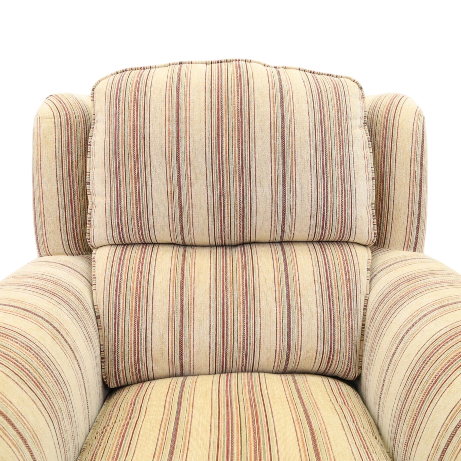 Parker Knoll - contemporary 'Henley' lounge suite comprising grande two seat sofa and wingback armchair, traditional wing shape over rolled arms and turned feet, upholstered in striped fabric