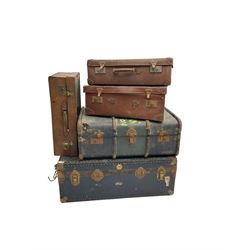 Mossman - early 20th century metal framed blue trunk together with four other travelling cases