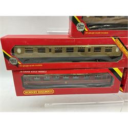Hornby '00' gauge - eleven passenger coaches including LMS, LNER teak finish, Pullman etc; all boxed; and two unboxed Tri-ang plastic passenger coaches (13)