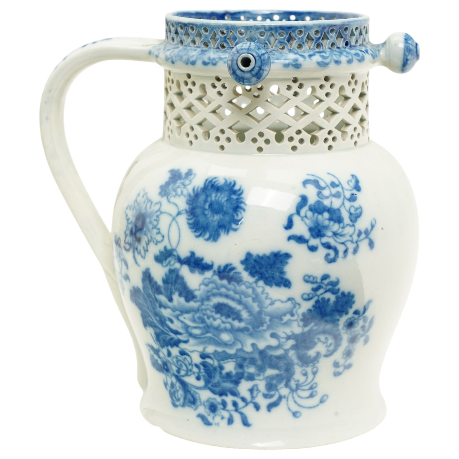 Swansea Cambrian pottery pearlware puzzle jug, c.1810, decorated in underglaze blue with peonies and sprigs of flowers, the straight-neck with three hollow spouts and openwork decoration, H18cm 