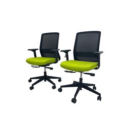 Elite - pair adjustable swivel office chairs, netting back over lime green upholstered seat, on castors