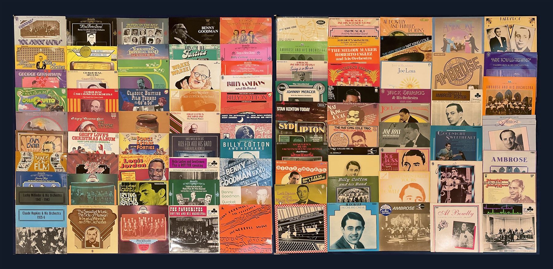 Large quantity of vinyl records including 'Nat King Cole Melody Mile', various other Nat King Cole, 'Magic Mandolins The Geoff Love Mandolins', 'The Best Of Peggy Lee' etc; 'Bing Crosby A Christmas Toast', 'At the Jazz Band Ball with Eddie Condon and his Orchestra', 'Anne Shelton I'll Be Seeing You' etc,  'The Very Best of Nat King Cole', 'Isn't it Heavenly Joe Loss and his Band 1933-1934', 'Sentimentally Yours Al Bowlly', 'Johnny Mercer Sings Johnny Mercer', 'Billy Cotton and his Band Somebody Stole My Gal' etc; 'Ray McKinley Class Of 49', 'The Boyd Raeburn Orchestra Experiments In Big Band Jazz 1945', 'The Golden Age Of Felix Mendelssohn's Hawaiian Serenaders', 'Scott Wood & His Six Swingers 1935:1936' etc, 'Van Phillips and His Band 1928-1934', 'Great British Dance Bands Play Jerome Kern 1926-46', 'The Golden Age of Noel Gay', 'Dancing The Night Away', 'Nat King Cole Thank You, Pretty Baby', 'Alice Faye In Hollywood (1934-1937)' etc,  'June Christy Recalls Those Kenton Day', 'Doris Day Whatever Will Be, Will Be', 'Keely Smith I wish you Love', 'Rosemary Clooney with orchestra arranged and conducted by Nelson Riddle', 'Zing! Ross Mitchell, His Band And Singers', 'The Glenn Miller Story' etc,  approximately 450