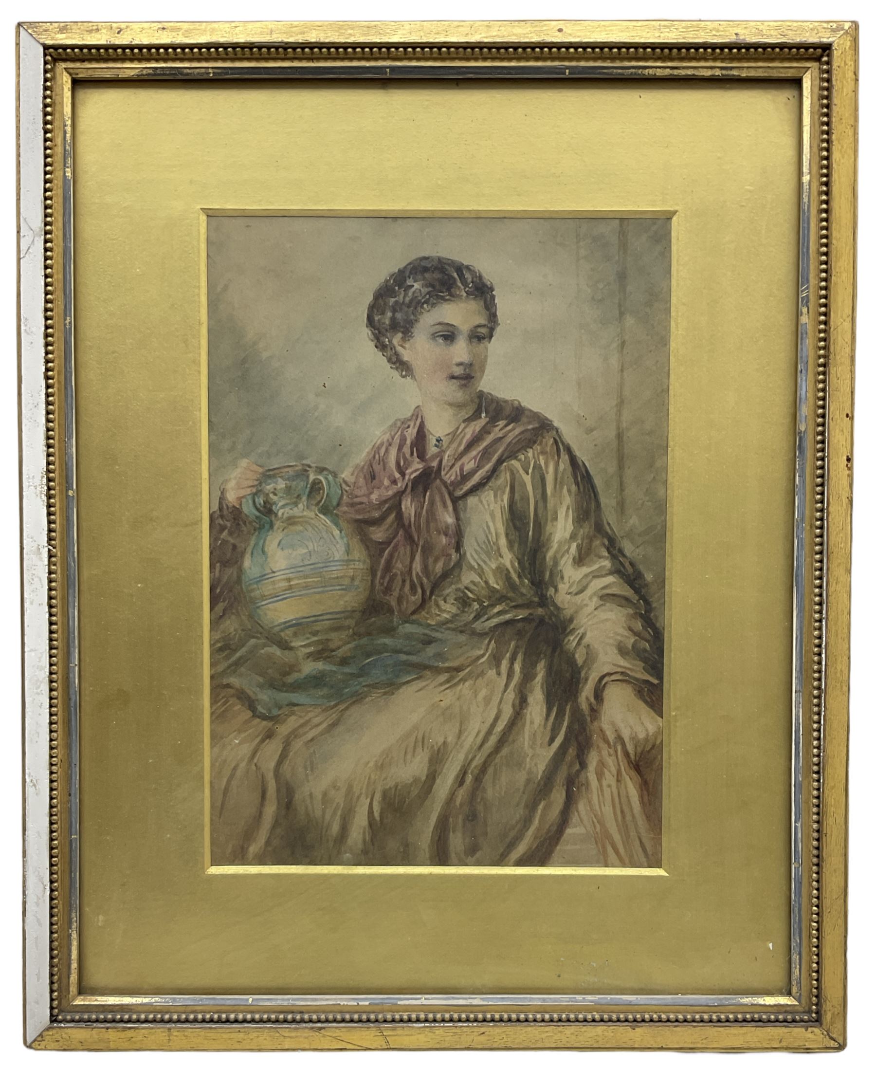English School (19th century): Classical Maiden Holding Urn, watercolour unsigned 30cm x 21cm; English School (19th century): Lady in White and Fisherman, pair miniature oils on board indistinctly signed 13cm x 8cm (3)