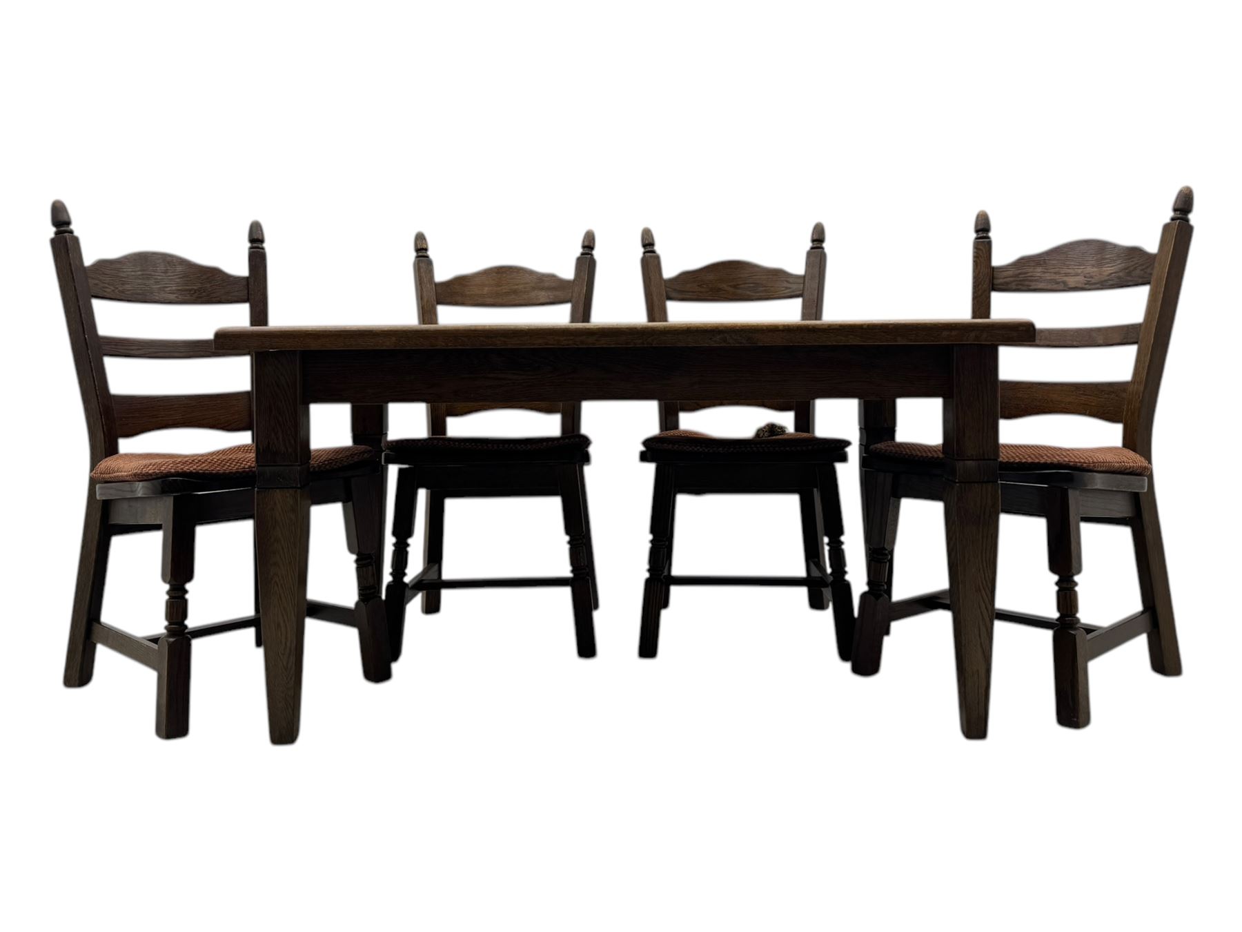 Mid-20th century Dutch oak dining table, rectangular top raised on square supports with tapered sections; four ladderback dining chairs, on turned supports with H-stretchers