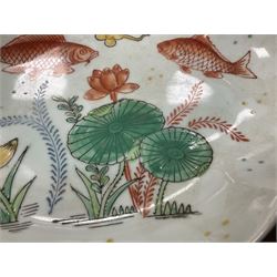 Oriental bowl of shallow form decorated with painted koi fish and sea plants, L25cm