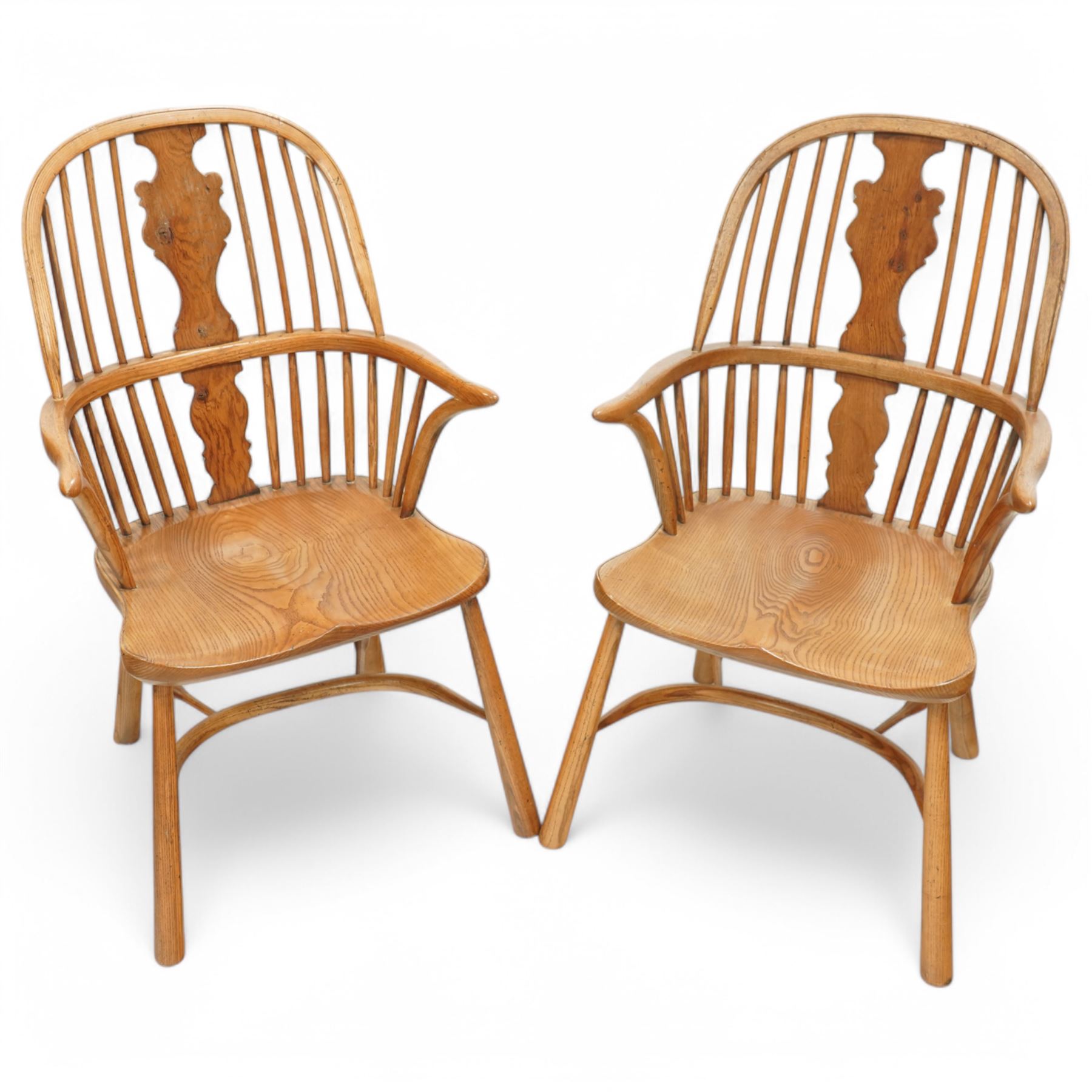Batheaston Bespoke Furniture, Harrogate - pair of figured oak and ash Windsor armchairs, double hoop and stick back with shaped splats, dished seat on turned supports united by crinoline stretcher