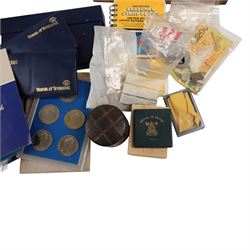 Great British and World coins and stamps, including USA 1984 stamp and cover collection, 'America Remembers the World at War' first day cover collection, numerous pre-decimal coins, etc, in one box