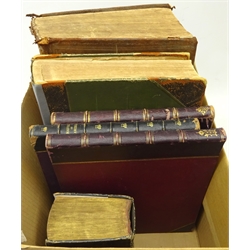  Holy Bible 1787, large folio with full suede leather binding and engraved plates, an 1814 leather bound Bible with Welsh text, Harmsworth 'Universal Atlas' 1904 and three other books  