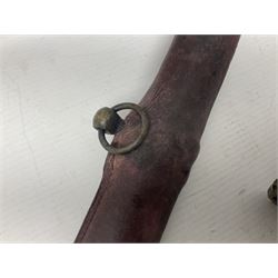 Copy of a WWII Japanese NCO sword, the 65cm slightly curving blade stamped with pseudo Japanese characters and cast brass simulated cord bound grip; in officer's leather bound field scabbard L97cm overall