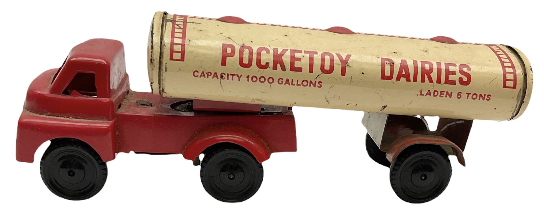 Wells Brimtoy/Pocketoy - seven tin-plate and plastic clockwork or friction-drive  vehicles comprising Milk Tanker, Greenline Coach, Liquid Oxygen Wagon, Side-Tipping Wagon, Snacks Van with drop-down counter, London Trolley Bus and covered wagon; all unboxed (7)