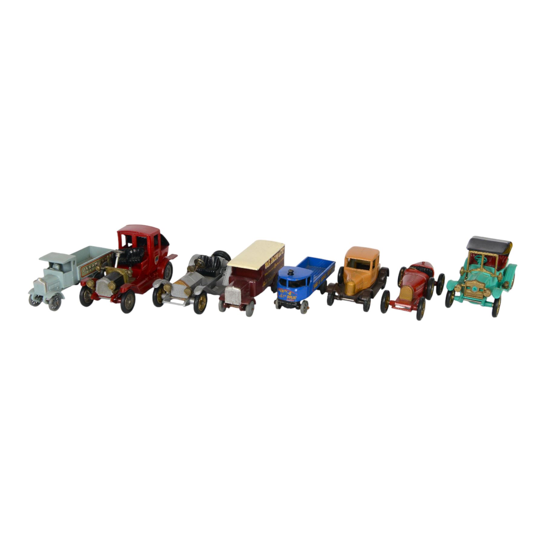 Thirty-four Matchbox/Lesney Models of Yesteryear diecast models, including Lesney No. 12 Horse Bus, No. 3 Tramcar, No.6 Supercharged Bugatti Type 35, No.2 London Bus and No.4 Shand Mason Horse Drawn Fire Engine, twenty-six boxed, eight loose