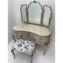 French style painted kidney shaped dressing table with three shaped swing mirrors, single centre drawer inset with Limoges style porcelain plaque, flanked by two short drawers, shaped supports, together with matching stool (W62cm, H48cm)