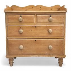 Late 19th century stripped pine chest of drawers, shaped gallery back above two short and ...