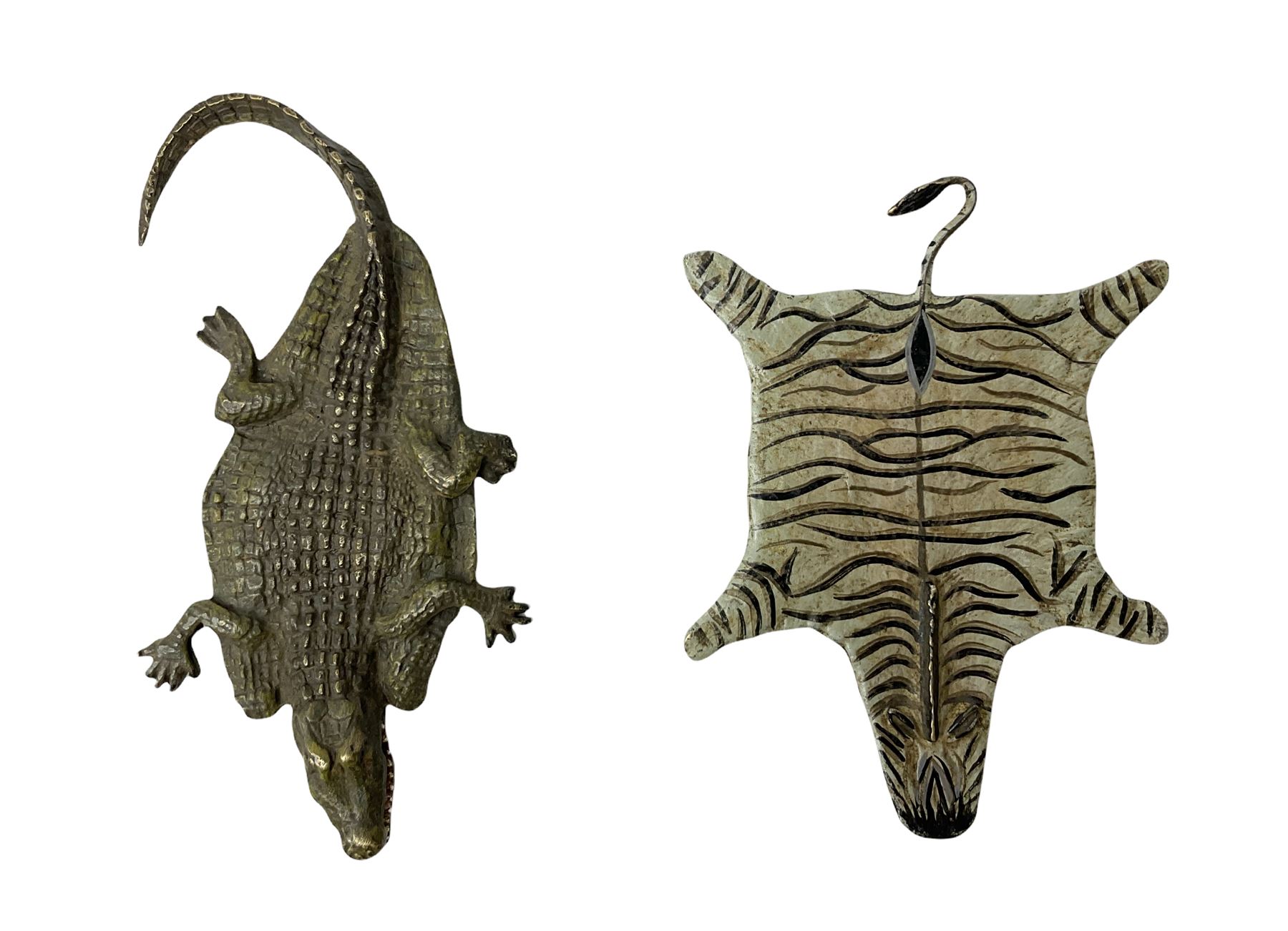 After Franz Xavier Bergman, two cold painted bronzes modelled as a crocodile skin, and a zebra skin, each stamped beneath with B within an amphora and Austria, crocodile L12.5cm, zebra 10.5cm