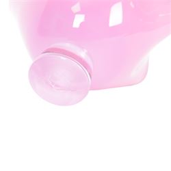 Gillies Jones pink glass bowl with crimped black rim upon a pedestal foot, H11cm