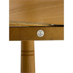 Chris Berry for Berrydesign - contemporary bespoke solid light oak dining table, circular top over ring turned triple pedestal with triform base