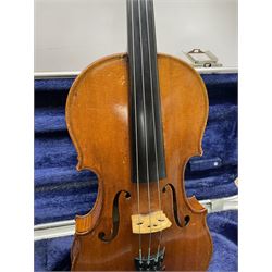 Early 20th century German Ernst Kreusler violin with 36cm two-piece maple back and ribs and spruce top, bears label 'Ernst Kreusler Dresden Anno 1925  Hand made reproduction of Antonius Stradivarius Cremona', overall L59cm; in hard carrying case