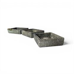 Three weathered composite stone rectangular planters, shallow form