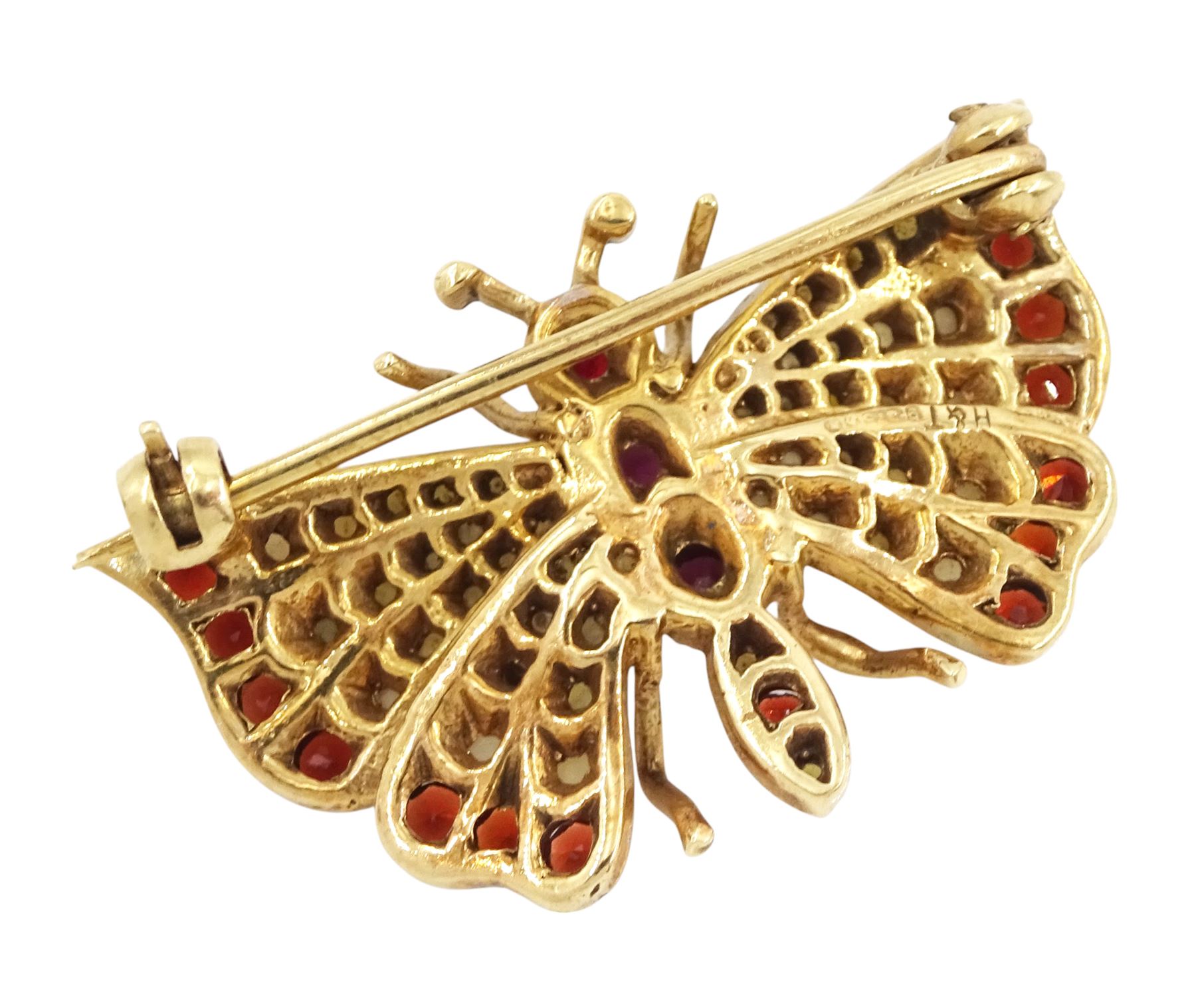 9ct gold garnet and split pearl butterfly brooch, hallmarked