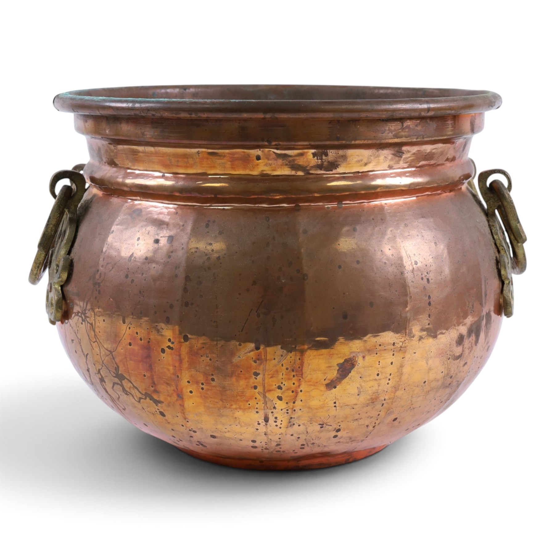 Twin handled copper jardiniere, together with brass tray with pierced boarder, jardiniere H29cm