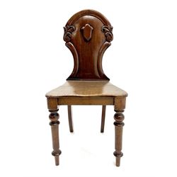 Victorian oak hall chair, shaped carved back, turned supports 