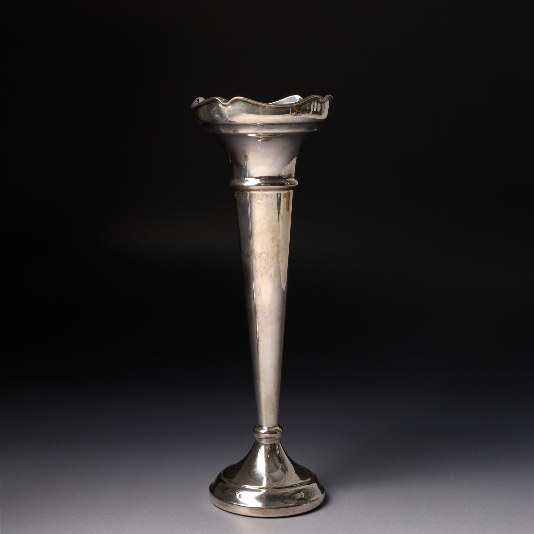 Pair of silver trumpet shape vases with pierced rims H18cm Sheffield 1910 Maker James Deakin & Sons and one other vase H21cm Birmingham 1967