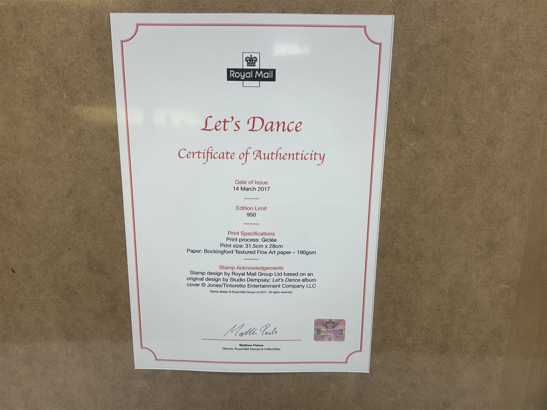 Set of four Royal Mail David Bowie limited edition album stamp prints, comprising Heroes, Ziggy Stardust Tour, Hunky Dory and Let's Dance, all framed and in original packaging, H43cm W43cm