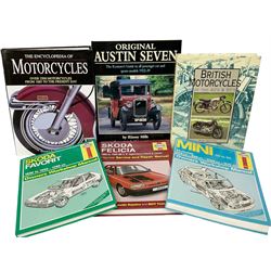 Large collection of motoring and similar reference books, to include Haynes manuals, British Motoring manuals, classic sports car books, Encyclopaedia of Motorcycles, Formula One books etc, in fourteen boxes 