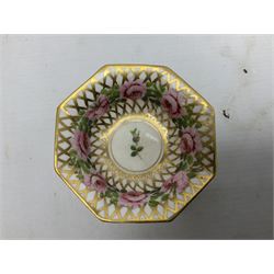 Mid 19th century Stevenson and Hancock Derby octagonal footed dish, painted with a centralised band of roses amongst gold trellis border, with painted S H and crossed baton marks in red marks beneath, together with a pair of Crown Devon Fieldings ewers, dish D8.5cm