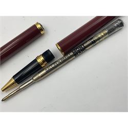 Montblanc Noblesse Oblige fountain pen, the maroon barrel and cap with gilt clip and mounts and nib stamped 585 14K/ct, together with a matching ballpoint pen, largest L14cm (2)