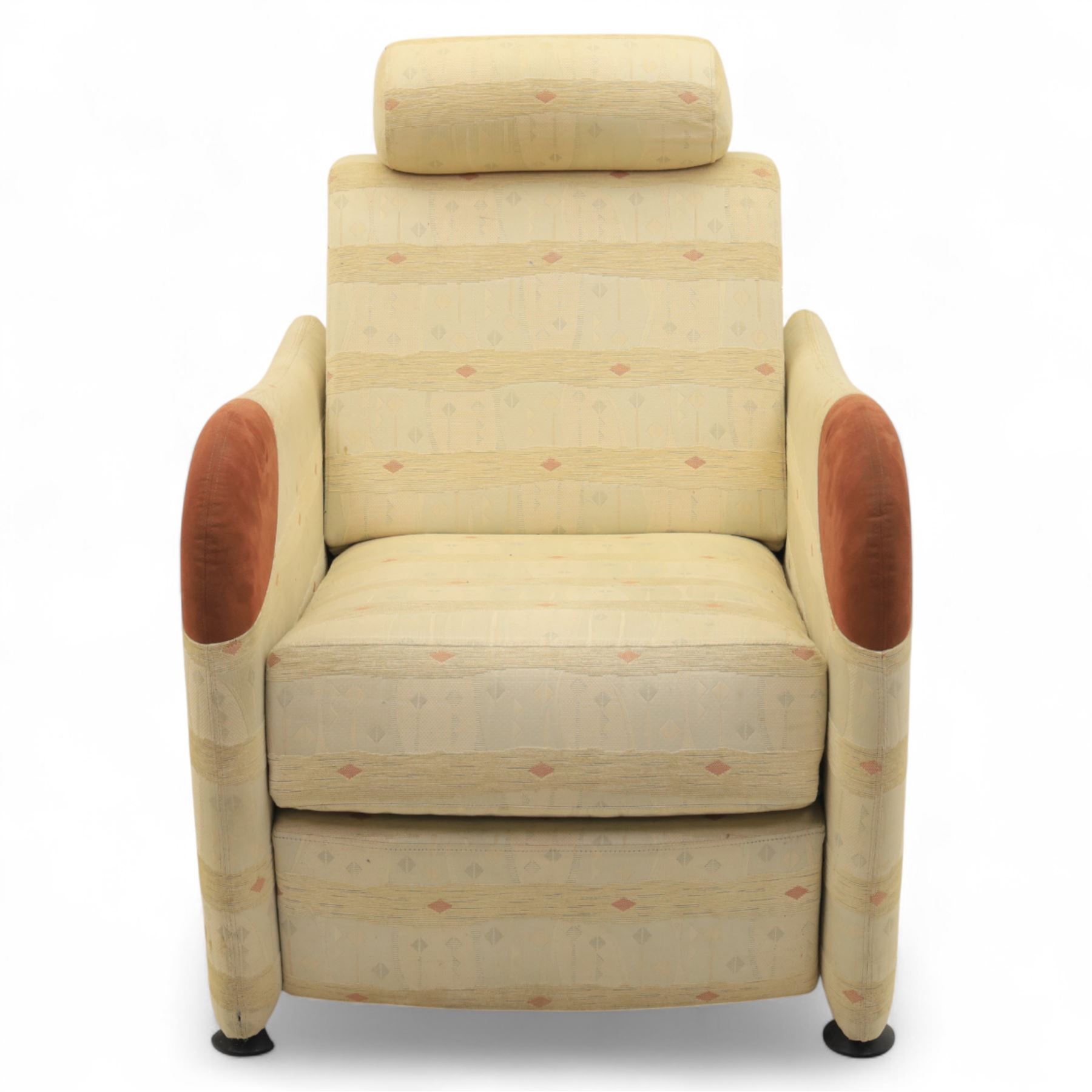 Ligne Roset - modernist French ‘Petite Sieste’ recliner armchair, cream upholstered with shaped back, built-in bolster headrest and curved armrests with contrast suede pads
