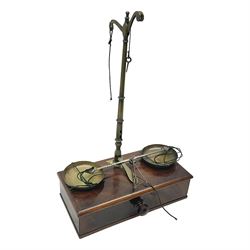  Set of mahogany and brass apothecary scales by George Knight & Sons, with drawer to base containing selection of weights, H41cm