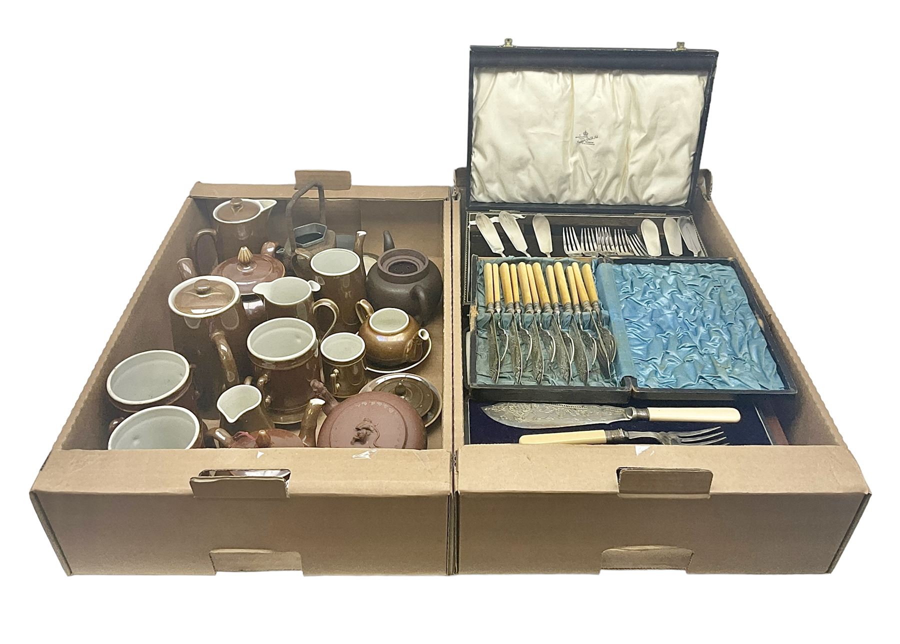 Cased canteen of cutlery, together with set of fish flatware, French teawares etc, in two boxes 