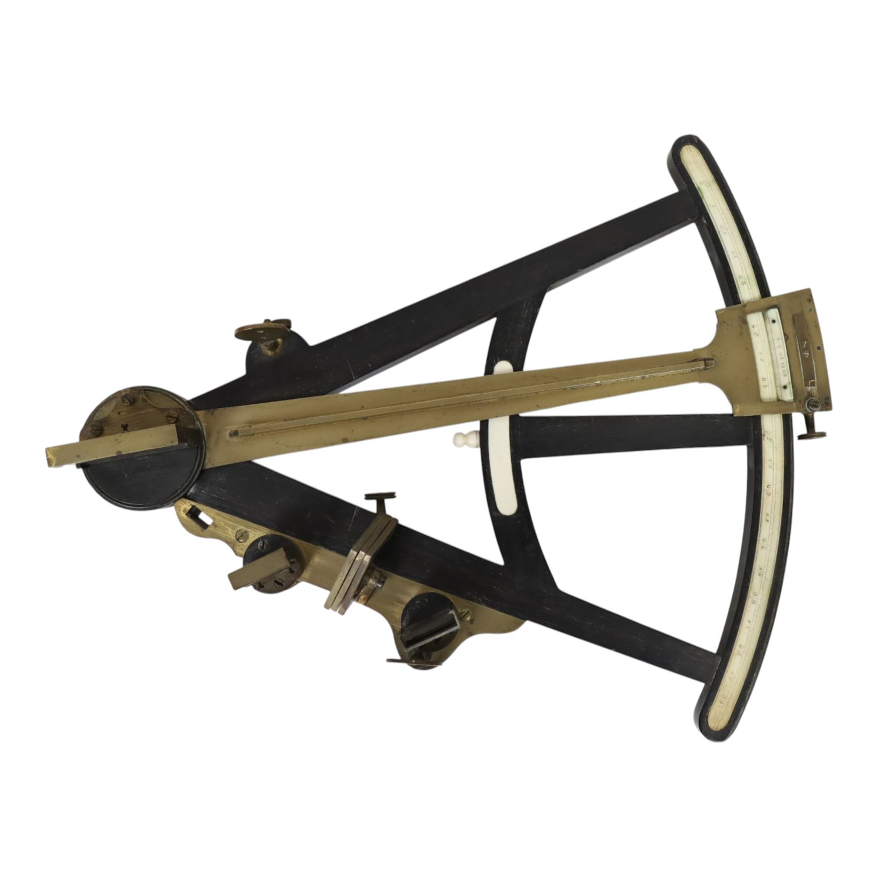 IVORY LICENCE 19th century ebony and brass octant, with inset ivory scale, unmarked, L35cm