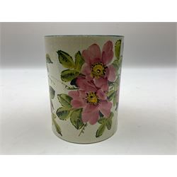 Early 20th century Wemyss large mug in wild rose pattern, decorated with pink roses and green lined boarder H14cm