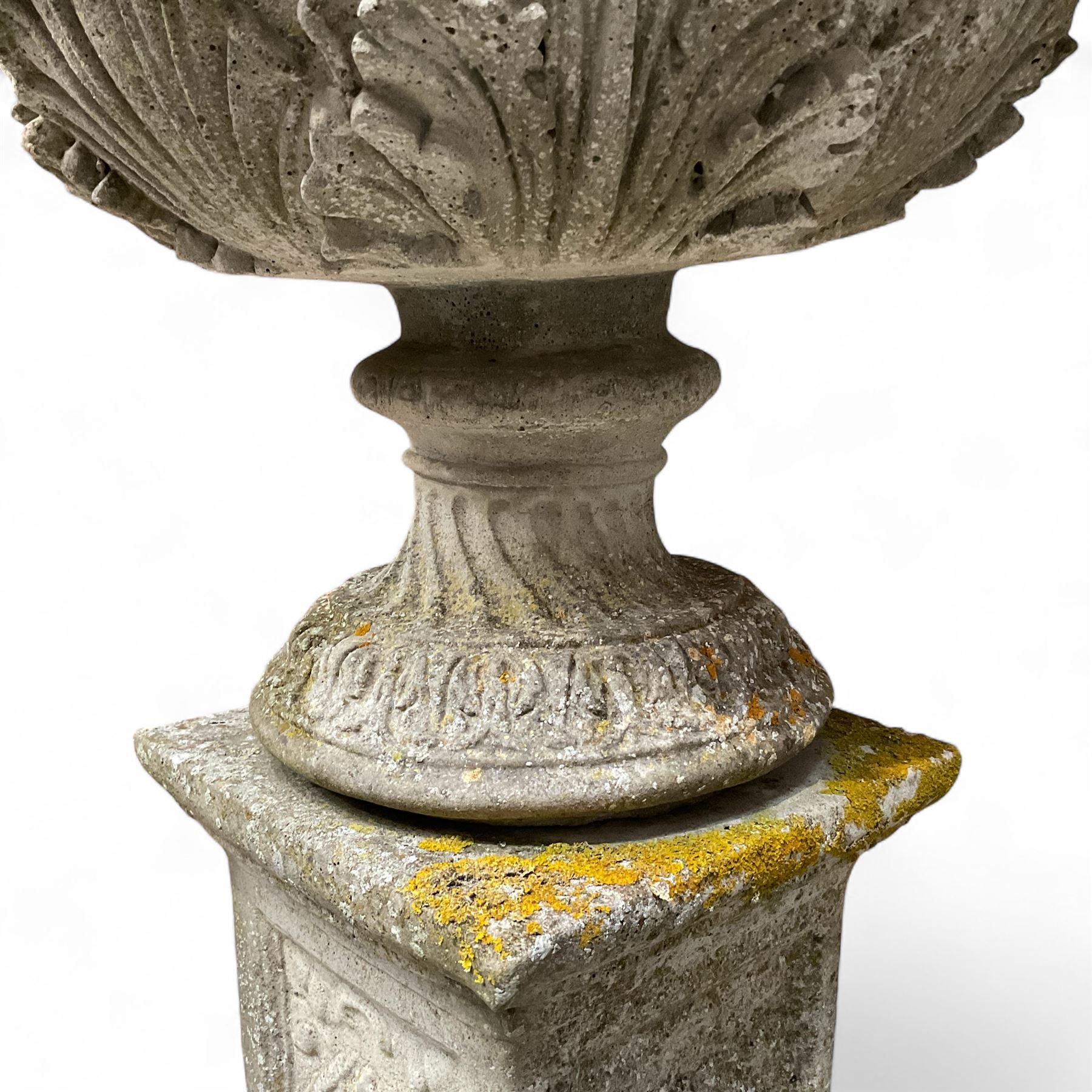 Pair of cast stone ornate garden urns, on plinth bases