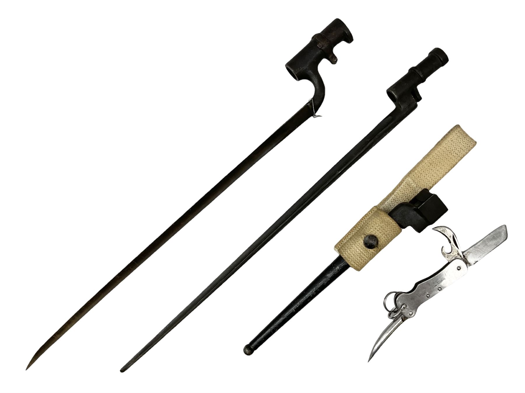 British Pattern 1876 socket bayonet with 43cm steel triangular blade L52cm overall; another socket bayonet with cruciform blade; No.4 Mk.II spike bayonet in metal scabbard with webbing frog; and 1955 Army jack knife by J.H. Thompson Sheffield (4)