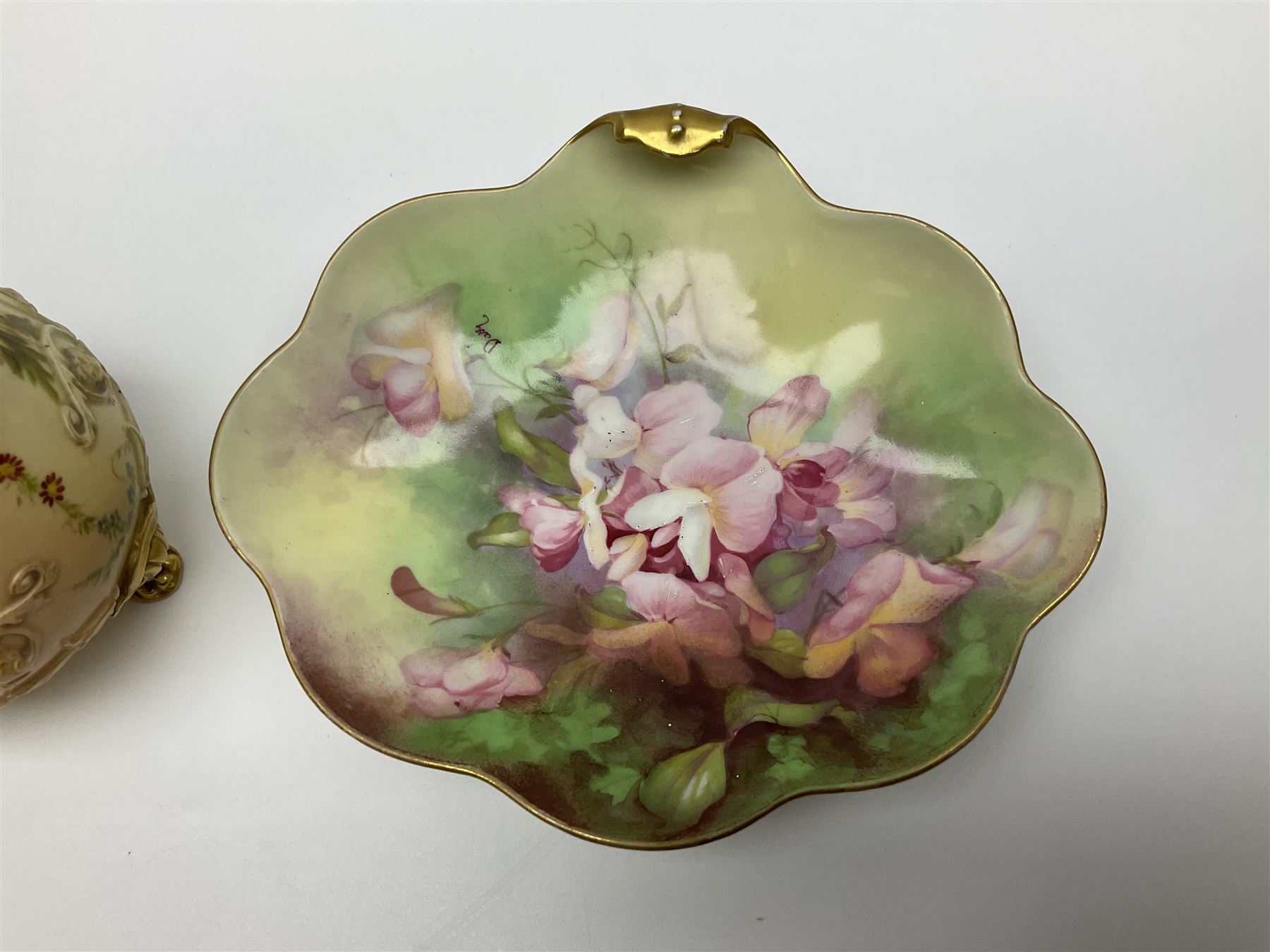 Royal Worcester blush ivory vase and cover, the vase of baluster form on gilt claw feet, shape No.1019, with printed beneath, Together with Limoges dish, vase H16cm