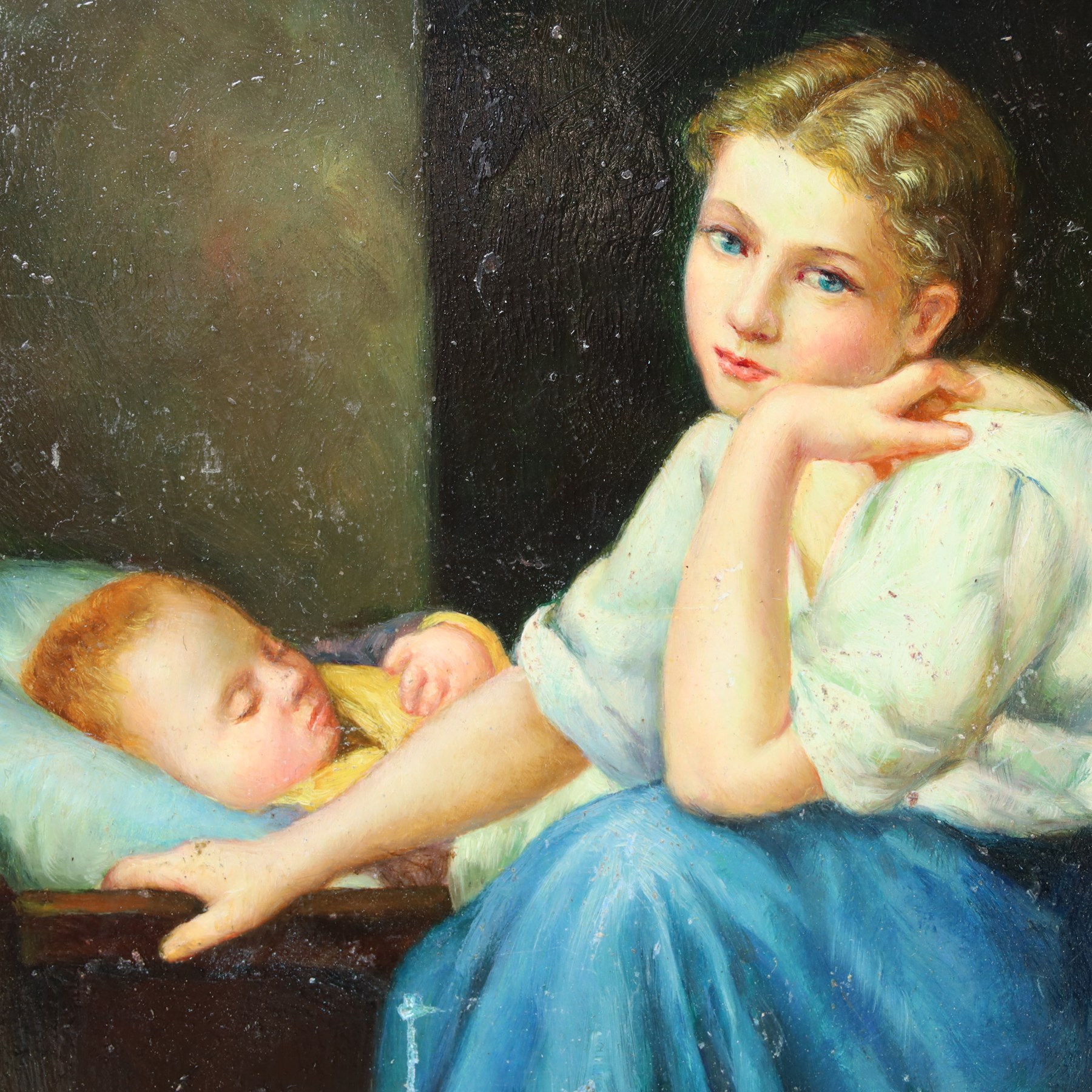 After Léon-François Comerre (French 1850-1916): Reclining Woman upon a Lion Skin; after Madame la Marquise de Salvo (Italian 19th century): Young Mother with Child, two oils on panel signed V Conti 20cm x 25cm (2) (unframed)