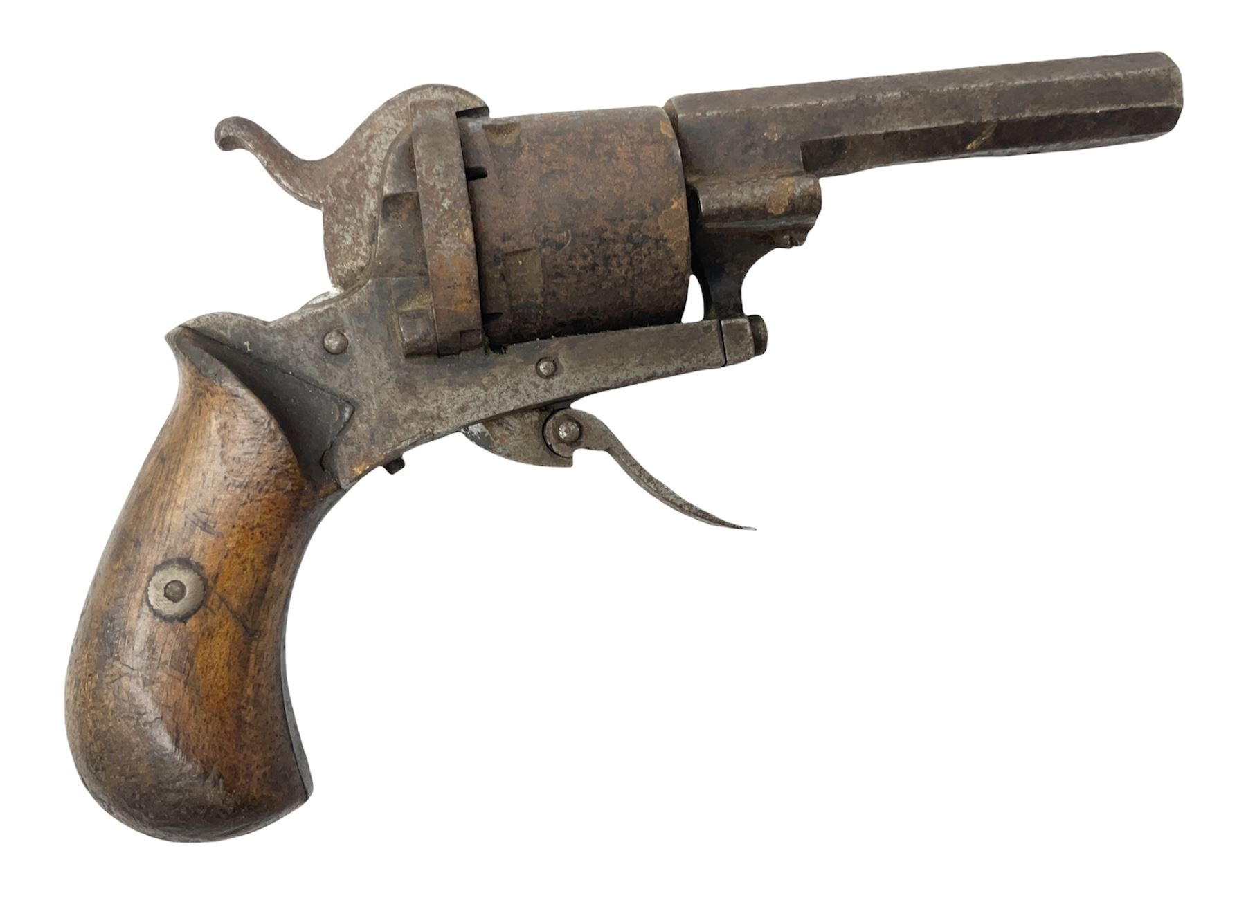 19th century 7mm five-shot pin-fire revolver, the cylinder marked 'The Savety (sic) American Revolver 1879', with folding trigger and two-piece walnut grip L18cm