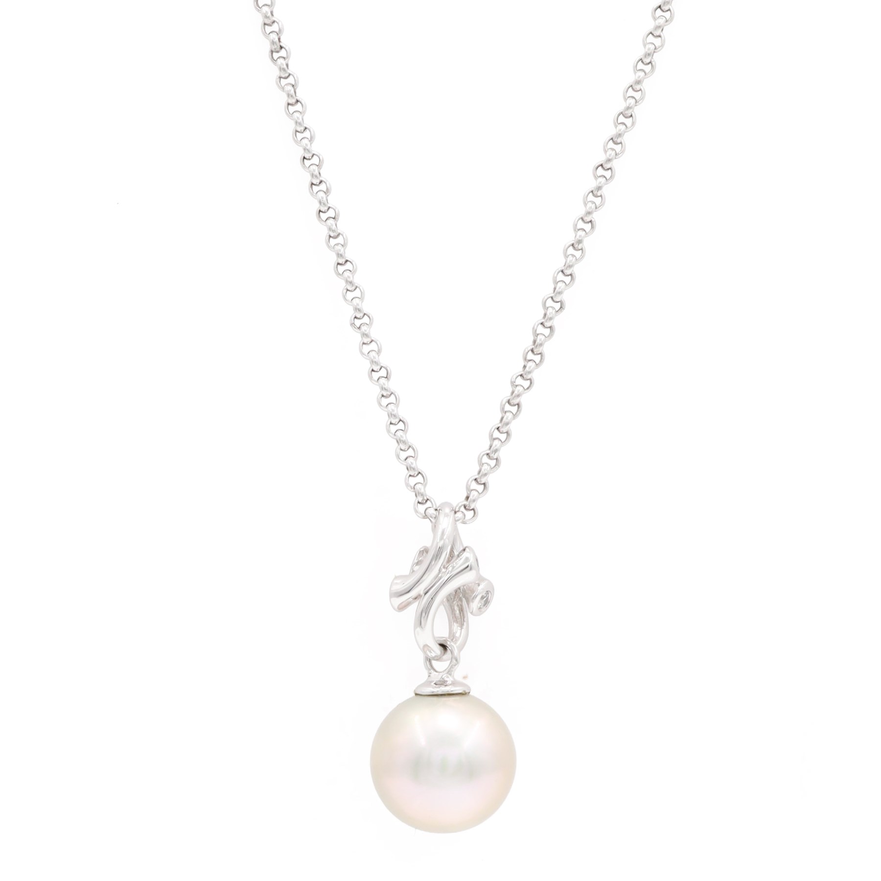 Georg Jensen Magic 18ct white gold pearl and diamond pendant necklace, grey cultured pearl with diamond set bail, on a white gold belcher link chain necklace, stamped 750, boxed