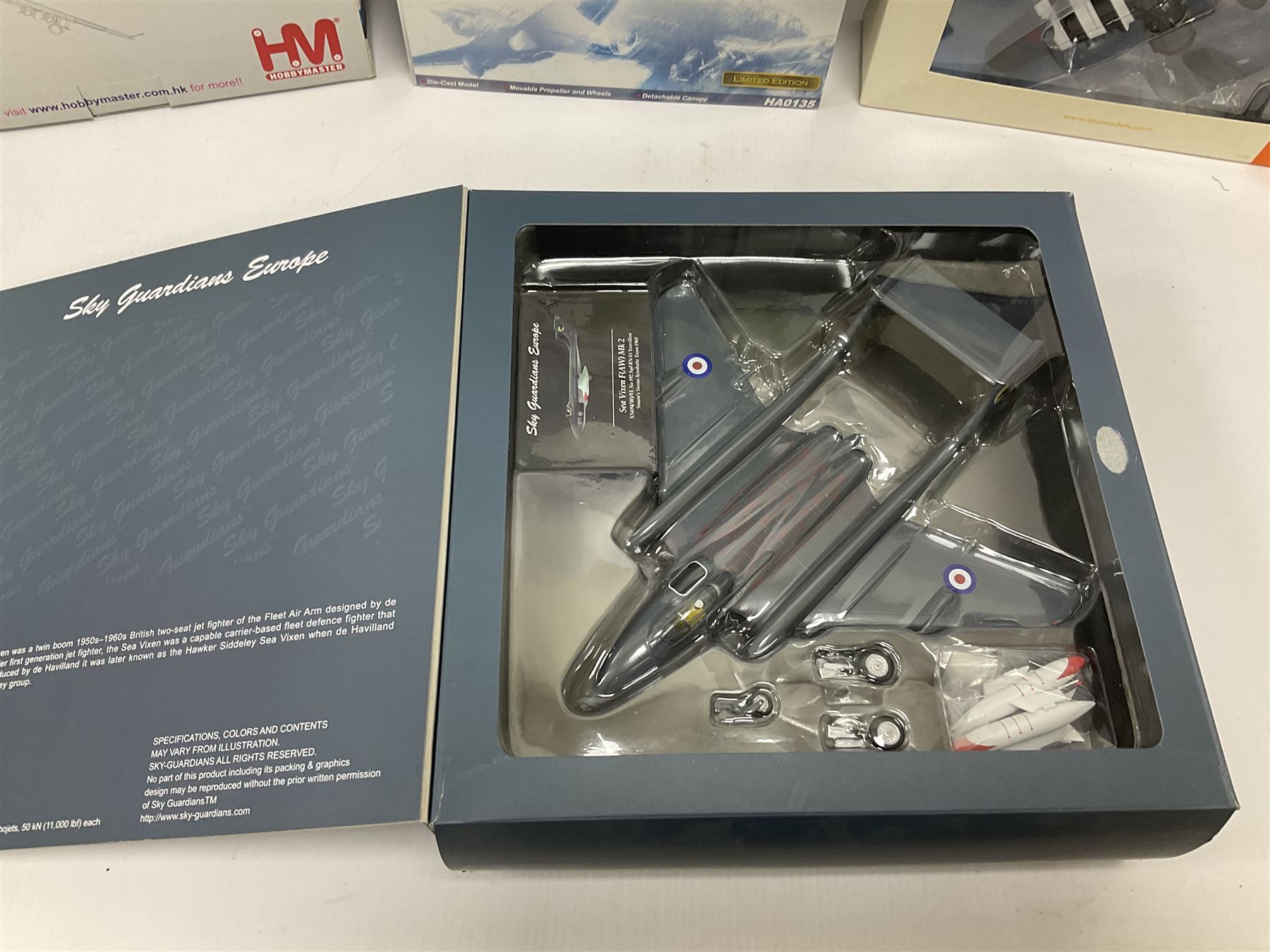 Nine 1:72 scale model aeroplanes comprising four ‘Sky Guardians’, F-16 Fighter Falcon, Sea Vixen FAW.2 899 Sqd XP924, Gloster Javelin FAW 9R 64 Sqd RAF XH766, and Sea Vixen F(AW) Mk2 XN694/305/BL No 892 Sqd RNAS Yeovilton; with three Hobby Master models, one Ixomodels model and one 72 Aviation model  (9)