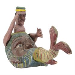 Carved folk art mask, modelled as a merman, hand painted, H50cm 