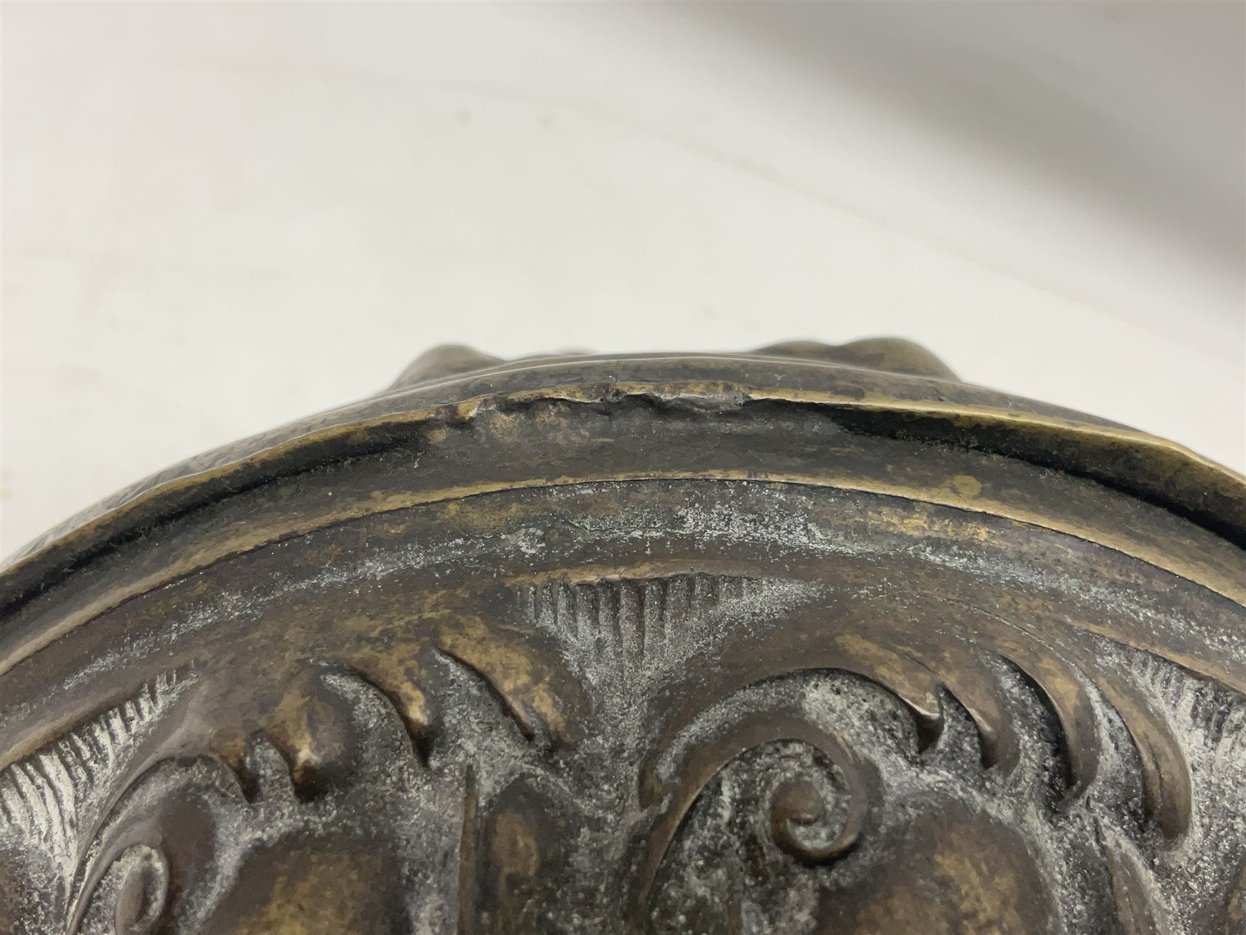 Heavy Victorian counter weight for oil lamp chandelier pulley, cast with foliate decoration, L26cm, approx 12kg
