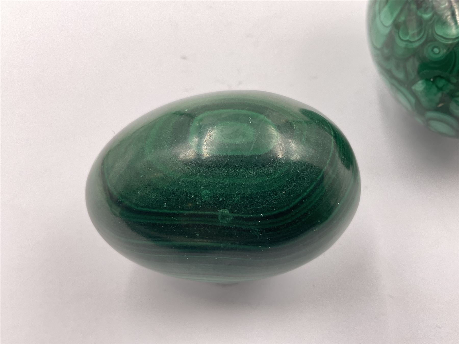 Three malicate specimen eggs, originally part of the collection of the late Stanley J Seeger, largest H7cm