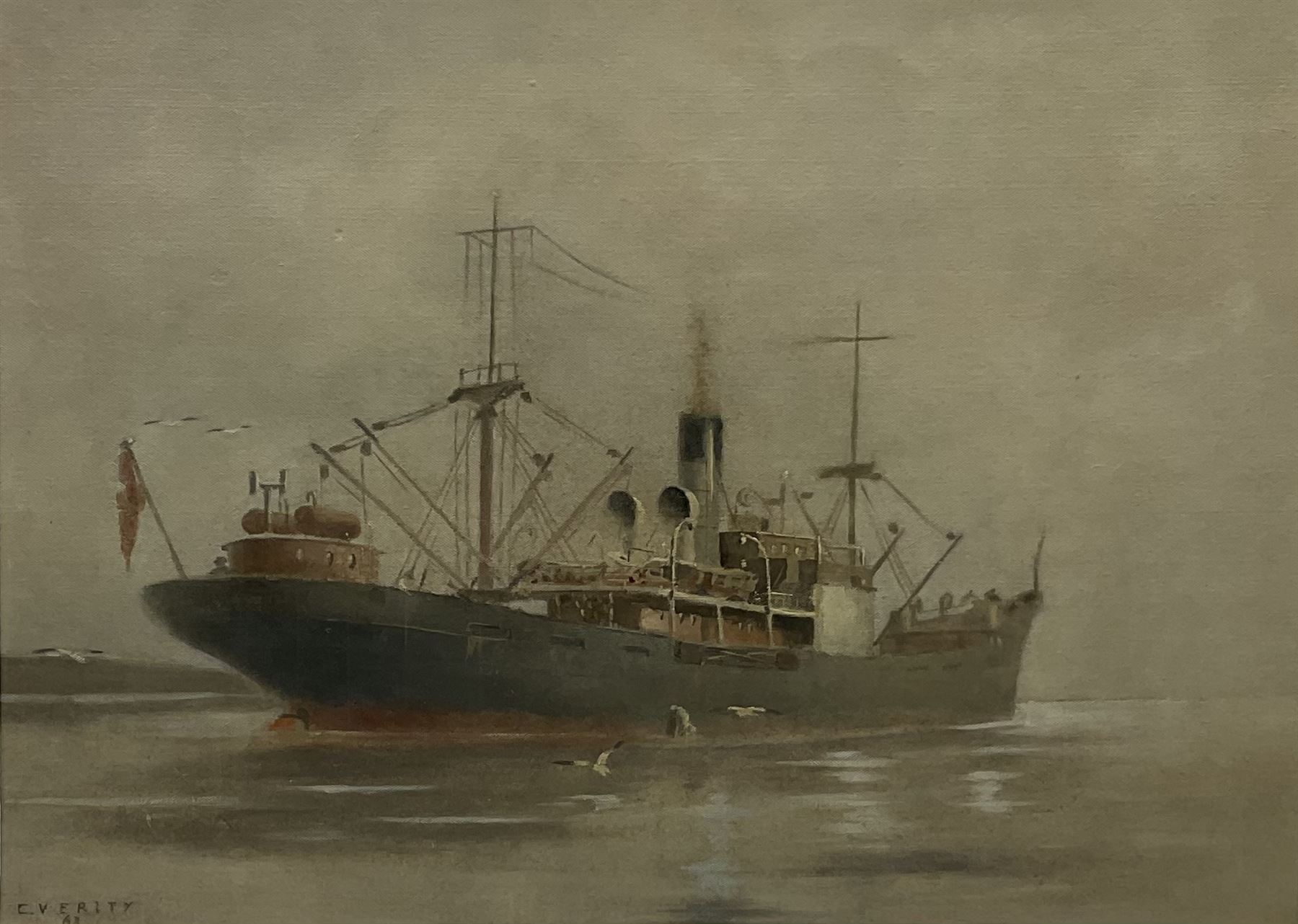 Colin Verity (British 1924-2011): 'Tramp Steamer on a Misty Morning in the Humber', oil on canvas board signed and dated '63, 39cm x 54cm Provenance: purchased Ferens Art Gallery Hull Winter Exhibition 1963 Cat. No. 10; purchased Robert Carmichael of Kirkella Hull; exh. Colin Verity Retrospective Exhibition, Hull Maritime Museum 2003, info. verso