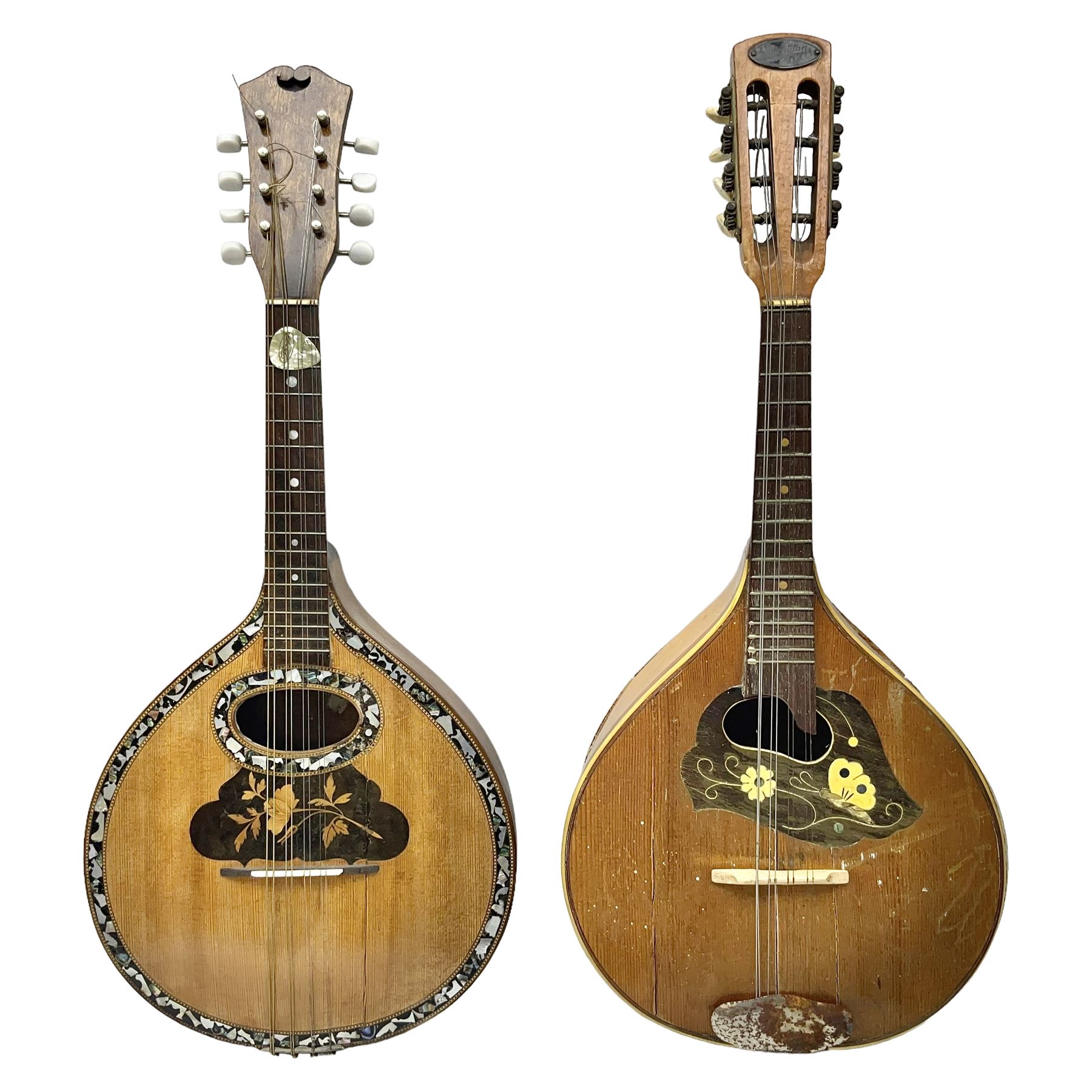 Italian eight-string mandolin with maple back and ribs and spruce top with inlaid floral marquetry panel within a fragmented mother-of-pearl border L61cm; cased; and a (damaged) German 'Michigan' mandolin for spares or repair (2)