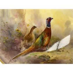 1938 Royal Worcester circular pedestal pin dish, decorated with pheasants in a landscape by James Stinton, with printed mark beneath, D10.5cm