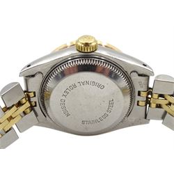 Rolex Oyster Perpetual Datejust ladies stainless steel and gold automatic wristwatch, circa 1897, Ref. 69173, Serial No. 9813458, with after market customisation including diamond set bezel, lugs and mother of pearl diamond for dial, on Jubilee bracelet, boxed