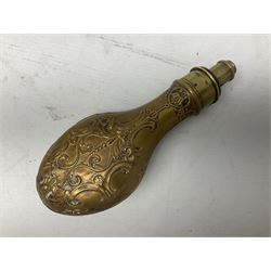 Copper and brass powder flask by G. & J.W. Hawksley Sheffield with embossed panel of 'Pharaohs Horses' to one side H21cm